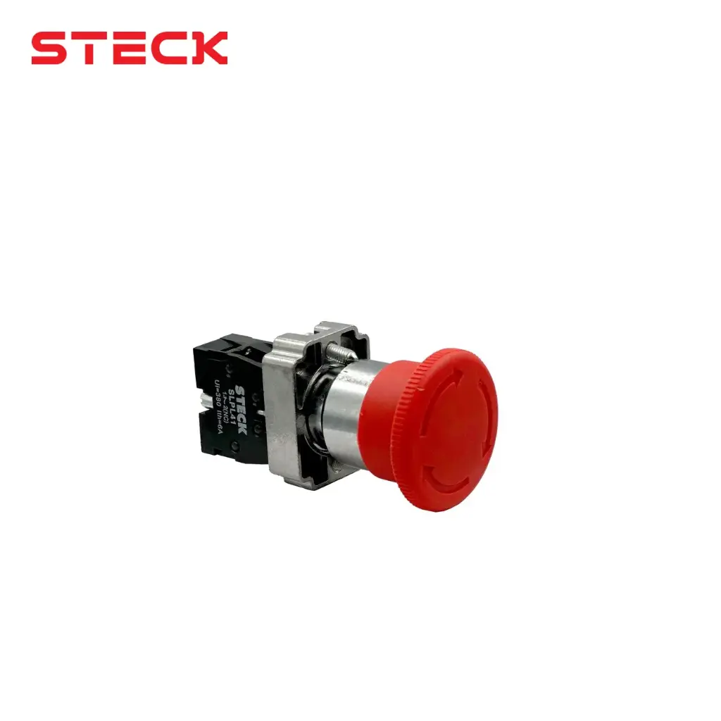 PULSADOR TIPO HONGO C/RETENCION 40MM BASE 22MM ROJO METALICO + 1 NC, SLMFN1R401, STECK