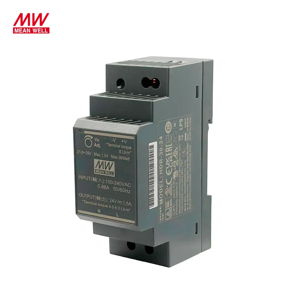 FUENTE DE ALIMENTACIÓN 36W 24VDC 1.5A CLASE 2 P/RIEL, HDR-30-24, DIN MEAN WELL