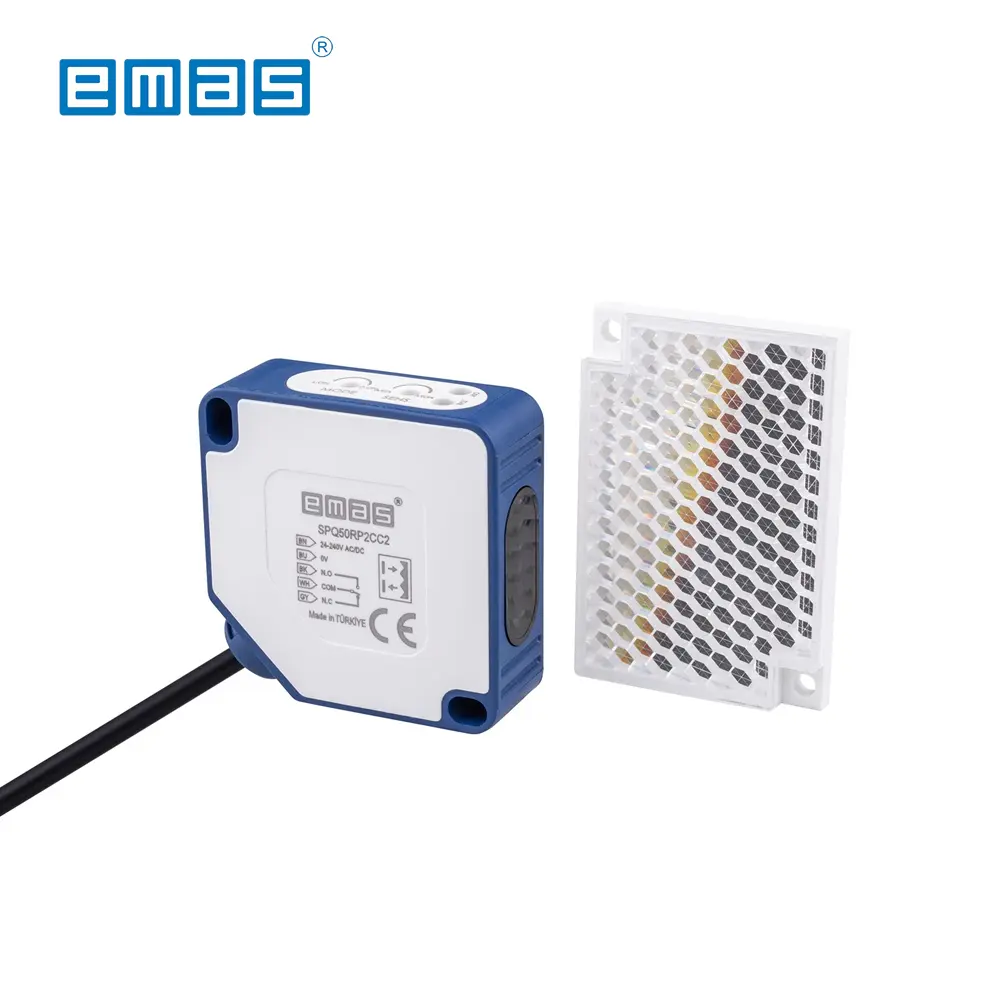 [11135] SENSOR FOTOELÉCTRICO RETRO REFLEX CUADRADO 50 MM, 24-240 V, SALIDA RELÉ, 7 M, CABLE 2 M, SPQ50RP2CC2, EMAS